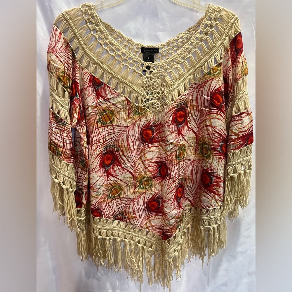 New Directions Cream Crochet Fringe Top with Multicolor Accents